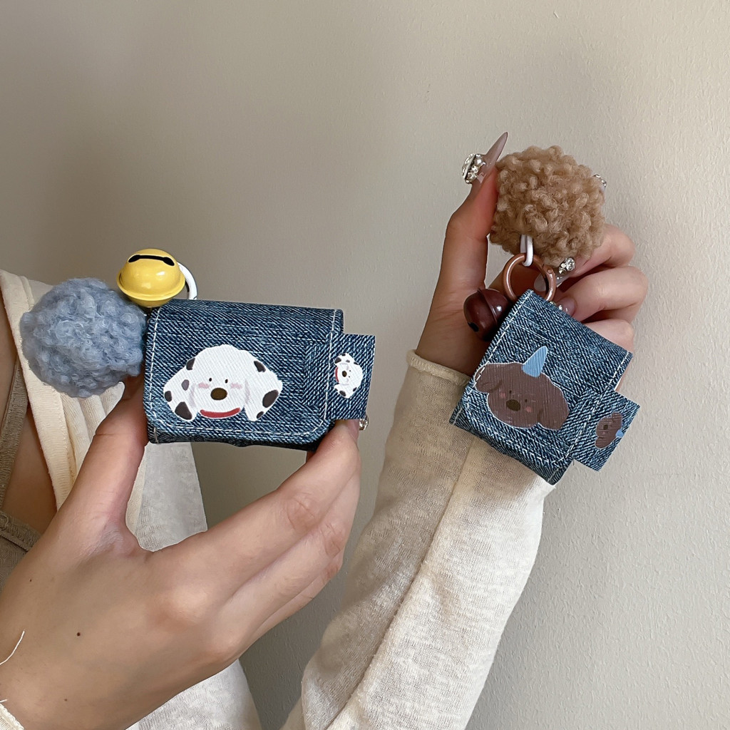 Speckle Brown Dog small bell Hairball Hangers denim PU หูฟังสําหรับ AirPods 1 2 3 4 Pro 1 2 หูฟัง Rotective Case