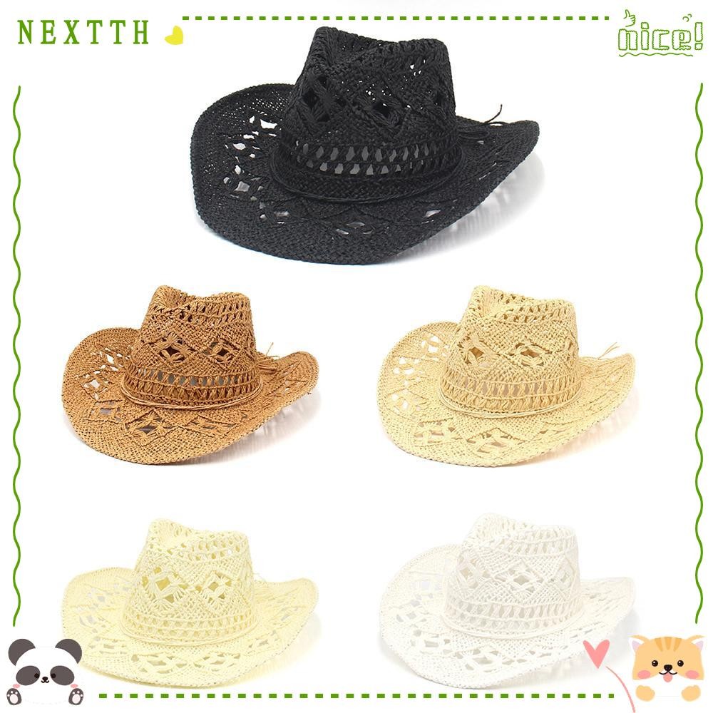 Nextth หมวกคาวบอยฟาง, หมวก Cowgirl กลวงออกคลาสสิกตะวันตก, หมวกปานามาวินเทจปีกกว้างมีสไตล์สําหรับผู้หญิงและผู้ชาย
