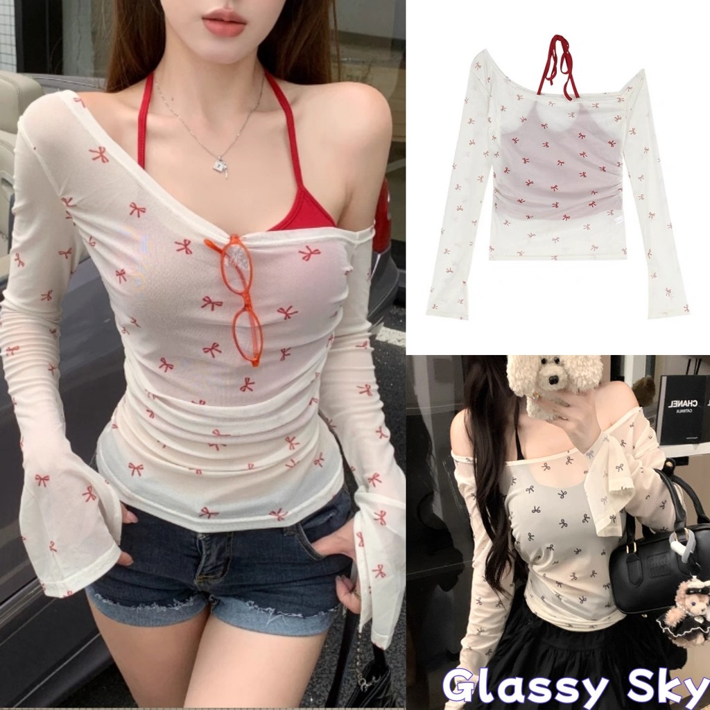 Glassy Sky💖พร้อมส่ง💖สายเดี่ยวคล้องคอครอป/เสื้อแขนยาวลายโบว์  สีสดใส ใส่ง่าย  เสื้อผ้าป้องกันแสงแดด(FY6876-L/FYQ7172)