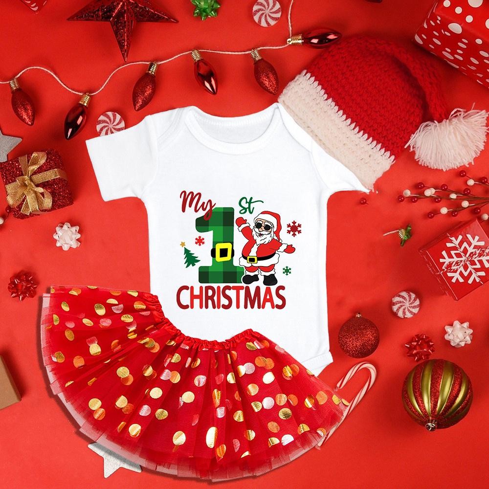 My First Christmas เด็กทารก Romper + Tutu กระโปรง 2 ชิ้นเสื้อผ้าชุดเด็กวัยหัดเดินสาวชุด Santa Claus ชุดคริสต์มาสของขวัญสําหรับทารก