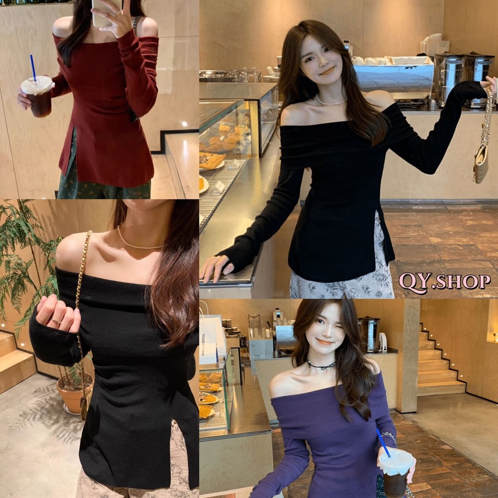 QY.Shop สินค้าราคาพิเศษ เสื้อเปิดไหล่ แขนยาว ไหมพรม ผ้าร่องยืดตามตัวใส่ง่ายสีพื้น สไตล์เกาหลี "Z-804"