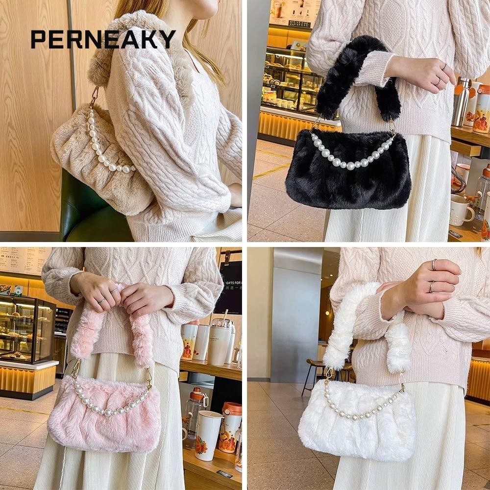 Perneaky กระเป๋าสะพายตุ๊กตา,กระเป๋าถือปุยสีทึบโซ่มุก,กระเป๋าโท้ทนุ่มอินเทรนด์หญิง