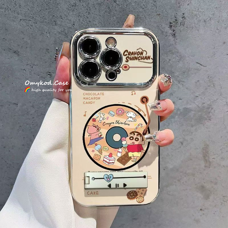 สําหรับiphone 16 11 15 14 13 12 Pro Max X XR Xs Max 8 7 6s Plus SE 2020 น่ารักเครยอนชินจังเครื่องเล่นกรอบโลหะเคสโทรศัพท์ + วงเล็บโลหะ