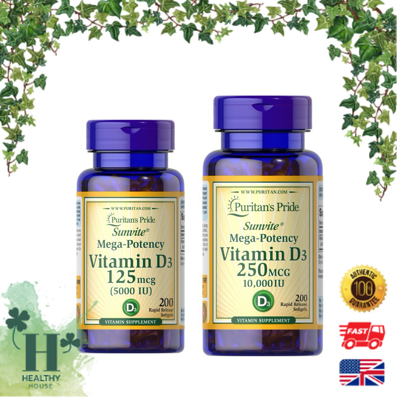 พร้อมส่ง Puritan's pride vitamin D3 125 mcg 5000 iu 250 mcg 10000 iu 200 100 softgels