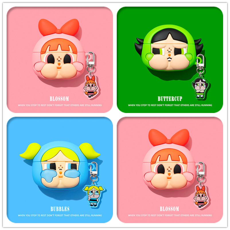 เคส Powerpuff Girls & LABUBU สําหรับ AirPods4(2024)1/2/3/Pro/Pro2 เคสซิลิโคนอ่อนนุ่มพร้อมคาราบิเนอร์