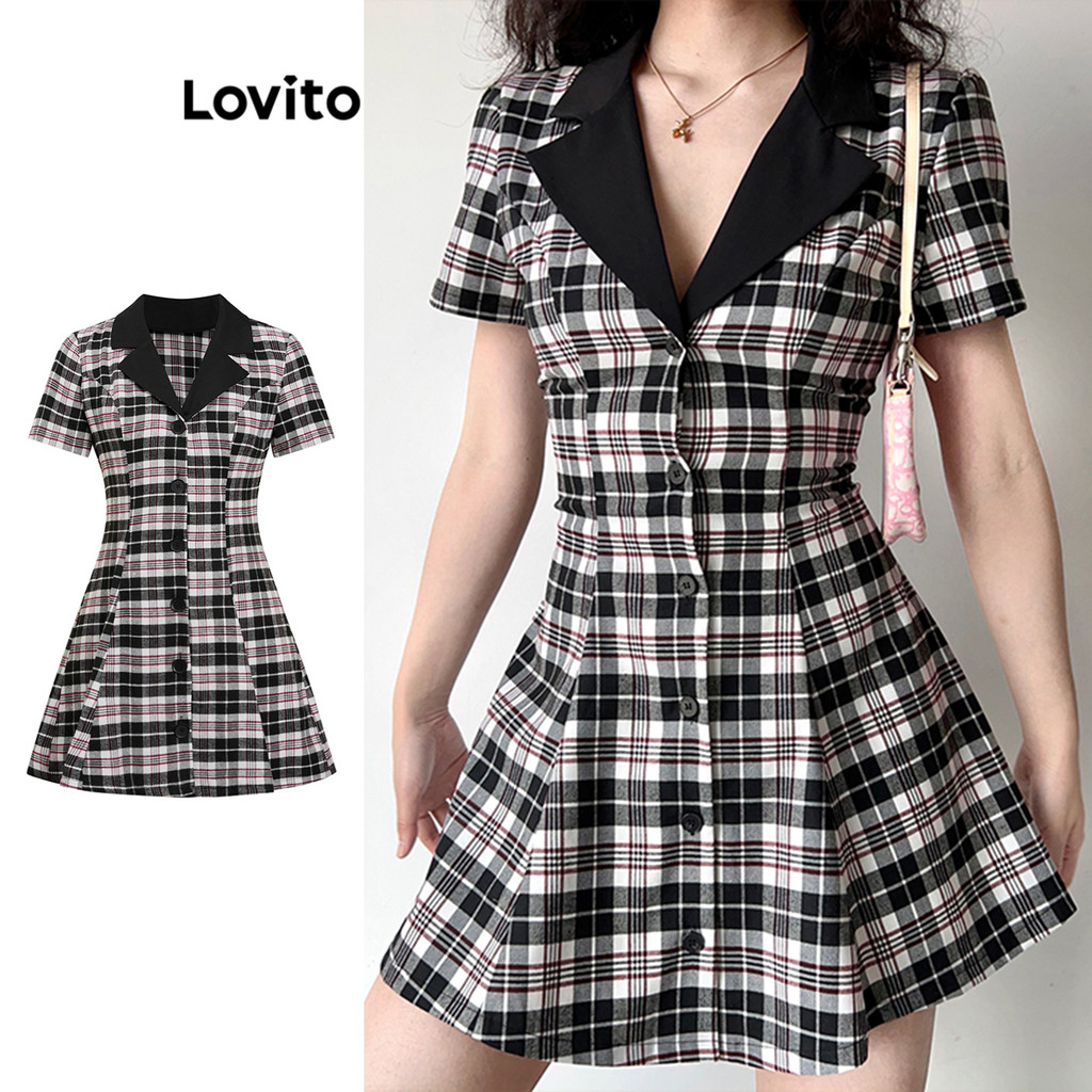 Lovito ชุดเดรส สไตล์เรียบๆลายกิงแฮมสีตัดกันCollar สีบล็อกสำหรับผู้หญิง L106AD896