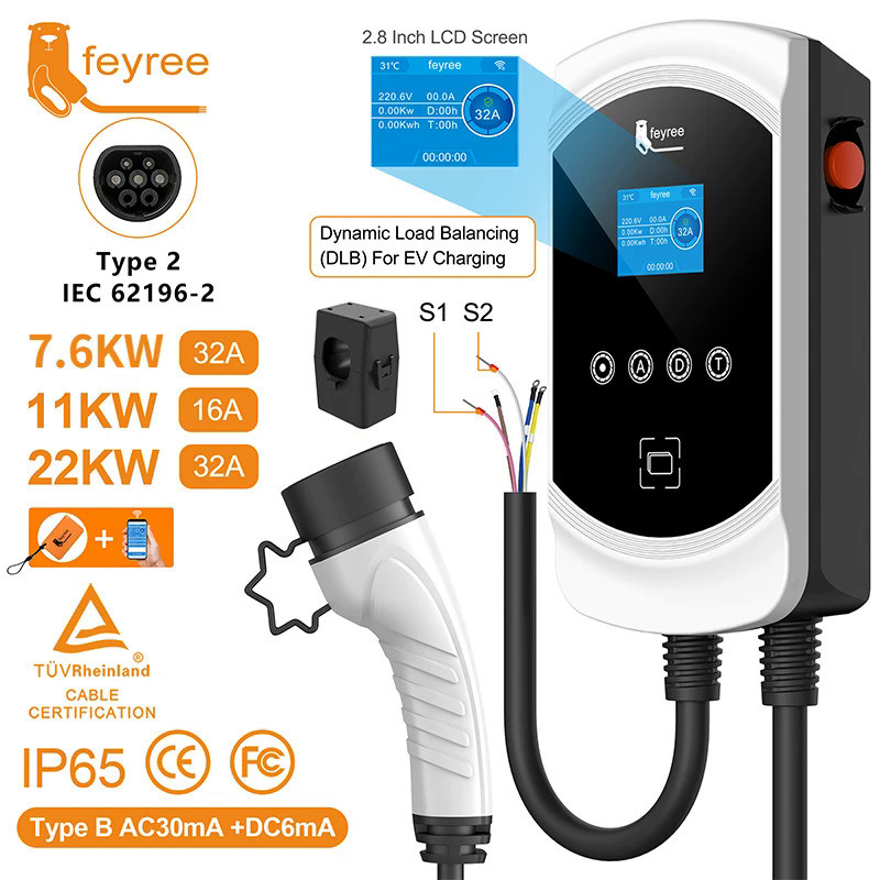 feyree EV Charger Type2 Cable 32A 7.6KW Dynamic Load Blancing EVSE Wallbox APP Function 11KW 22KW Ch