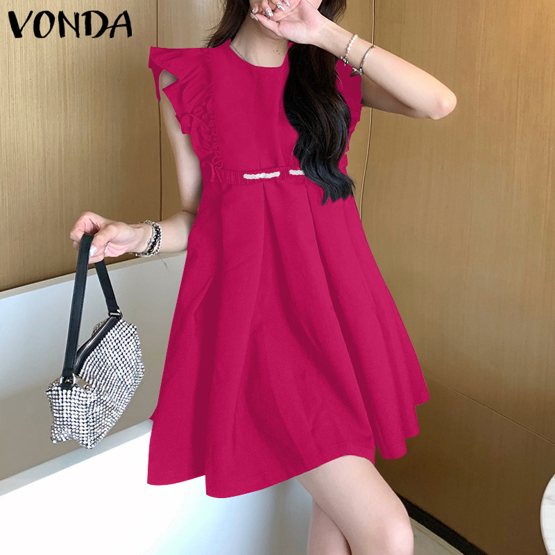 Vonda ชุดเดรสสีทึบแขนกุดคอกลมลําลองเกาหลี