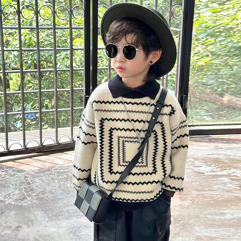 เวอร์ชั่นเกาหลีเสื้อกันหนาวเด็กสไตล์ย้อนยุคชายฤดูใบไม้ร่วงฤดูหนาวหนารูปแบบใหม่ฤดูหนาวเสื้อถักปกโปโลอินเทรนด์