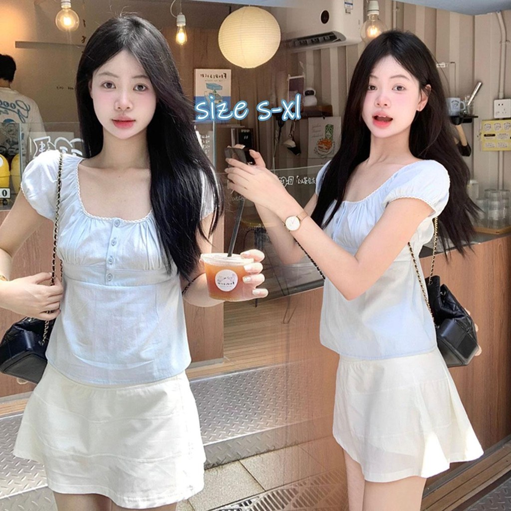 MIMI&DIDI#เสื้อเชิ้ตครอป สตรีแขนสั้นคอเหลี่ยมสีขาว น่ารัก สไตล์อ่อนโยน แขนพัฟแฟชั่น ดูดีมากกับกระโปรงและกางเกงสีขาว#W489