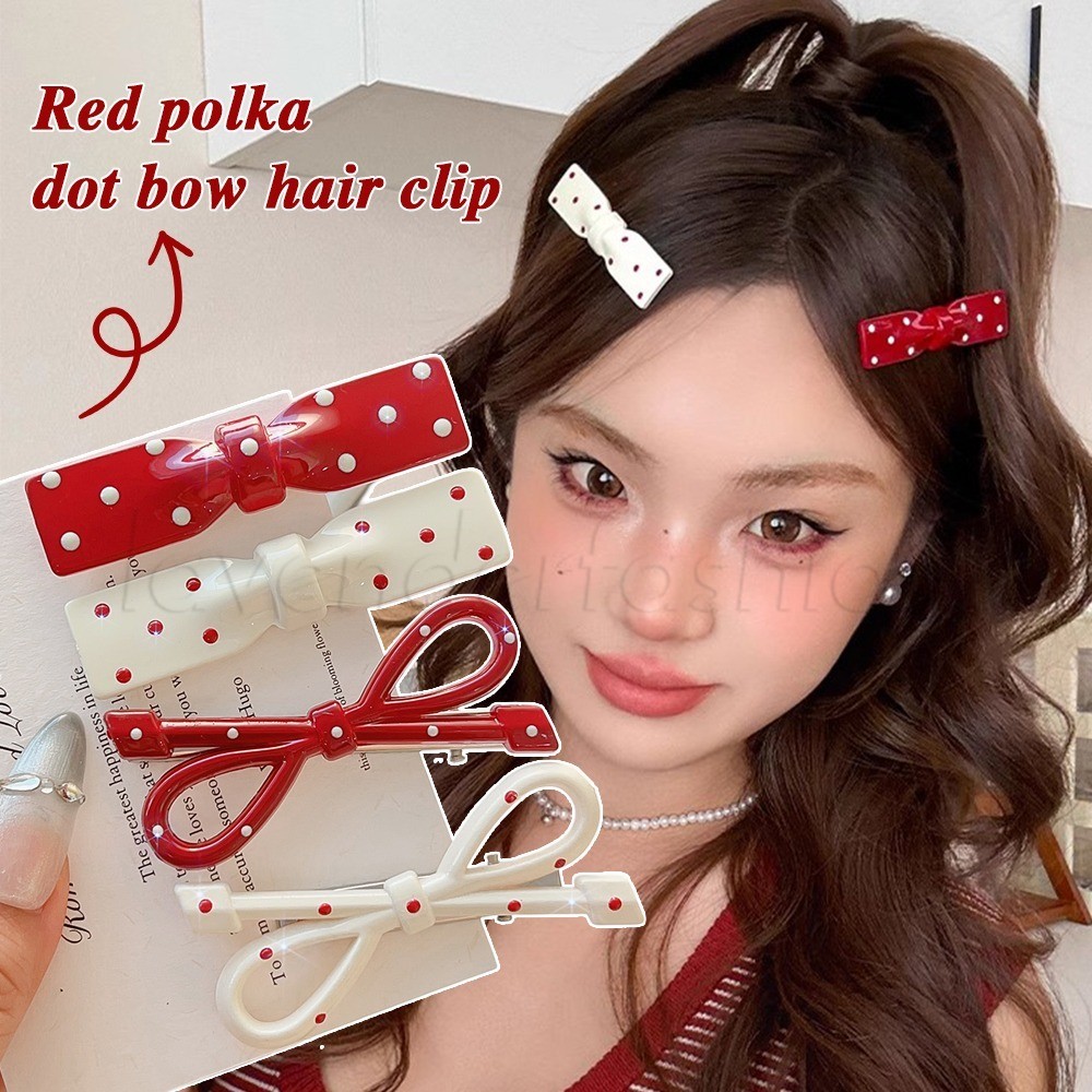 กิ๊บติดผมลายจุดโบว์ - คลิปหน้าม้าด้านข้างกุทัณฑ์สีแดง - เครื่องประดับผมผู้หญิงหวาน - เกาหลี แฟชั่น วินเทจ - กิ๊บติดผมปากเป็ดสีแดงอ