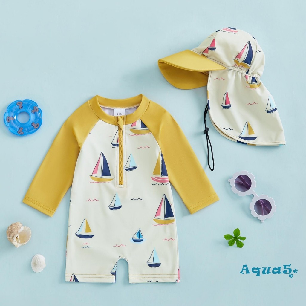 AQQ-Toddler Boy Rash Guard ชุดว่ายน้ําหมวก 2 ชิ้นชุดเรือใบพิมพ์ Zip Up แขนยาวลูกเรือคอเด็กทารกชุดว่ายน้ํา 0-5 ปี