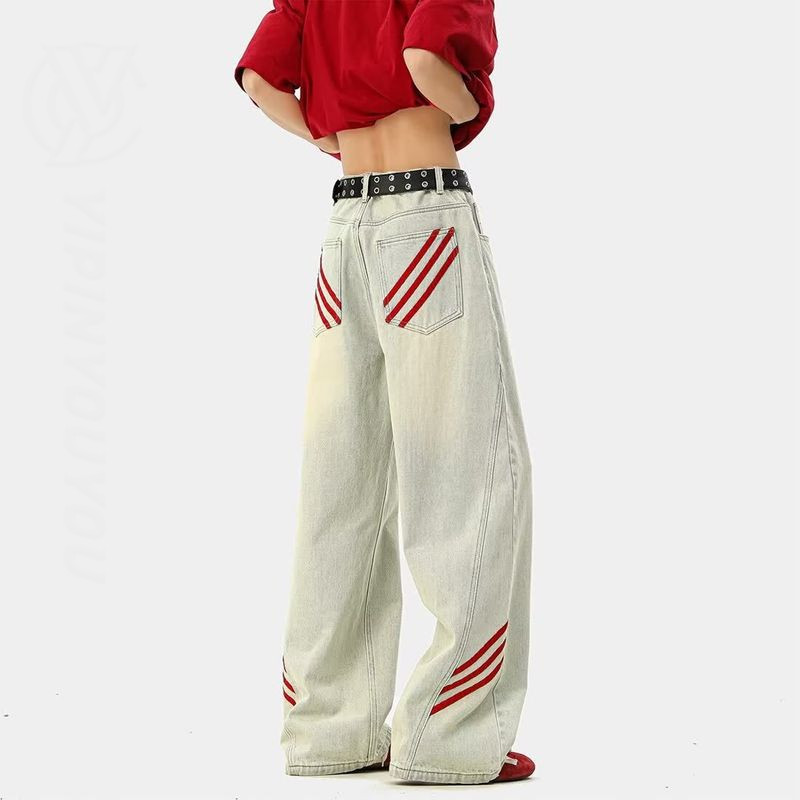 ฮันลู กางเกงขายาวเดนิมย้อนยุค อเมริกันดีไซน์ ลายทาง สไตล์ไฮสตรีท สำหรับผู้ชาย ทรงหลวม