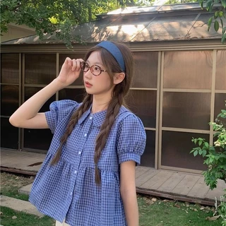 LINNA~Xตาหมากรุก ประกบ แขนสั้น เสื้อเชิ้ต เวอร์ชั่นเกาหลี สไตล์ใหม่ สไตล์หวาน