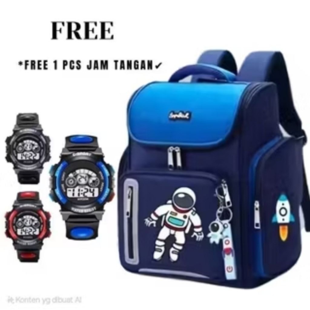 DELI STORE PDF กระเป๋าเป้หลอดสําหรับเด็กผู้ชายนาฬิกาโบนัสกระเป๋าเป้เด็กโรงเรียนประถมศึกษามัธยมต้น