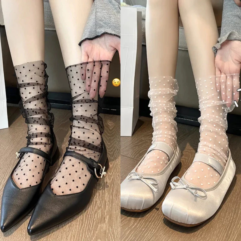 ถุงเท้า Tulle โปร่งใสสำหรับผู้หญิง ลายโopolkাdot สไตล์บัลเลต์ แบบญี่ปุ่น