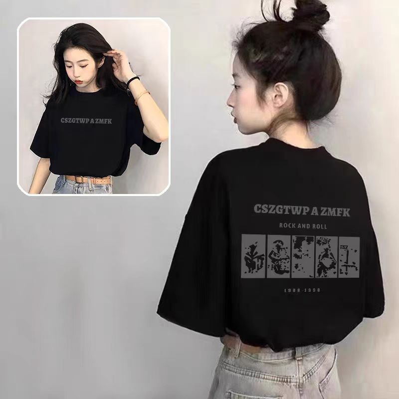 เสื้อยืดคอกลมผู้หญิงแอปริคอทแขนสั้นผ้าฝ้ายแท้ฤดูร้อนหลวมเสื้อยืดแมวพิมพ์ด้านบน