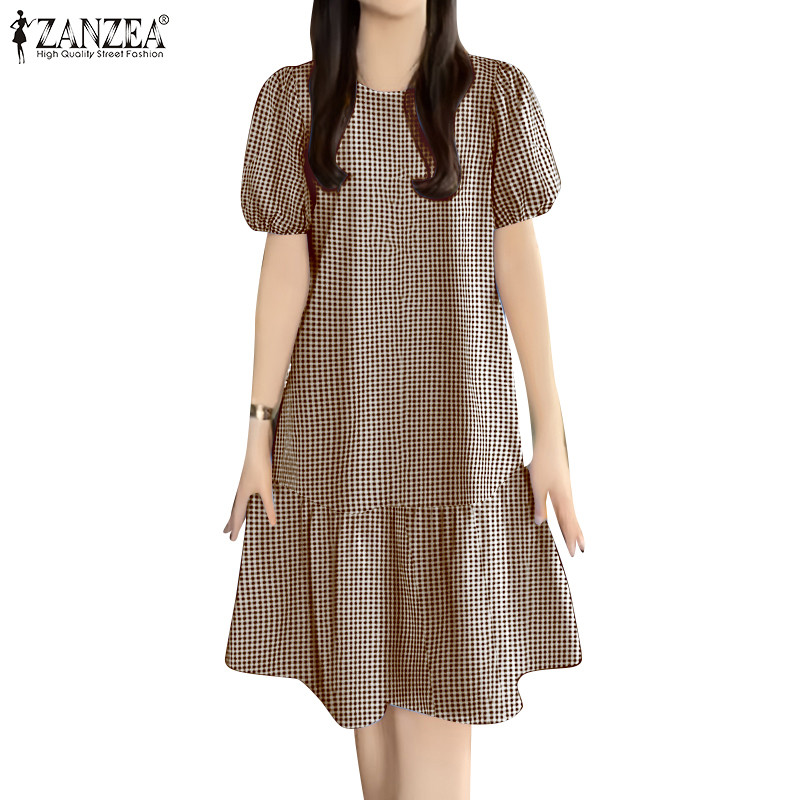 ZANZEA ใส่ ซานเซีย ผู้หญิงเกาหลีลําลองคอกลมแขนสั้นลายสก๊อตพิมพ์ น่าระทึกใจ ชุด