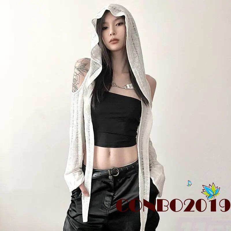 HGM-Women Suncreen คาร์ดิแกน Hollow-Out หัวเข็มขัดโลหะแขนยาว Hooded Cover-Ups ฤดูใบไม้ผลิฤดูร้อนสบายๆนุ่ม Shrugs