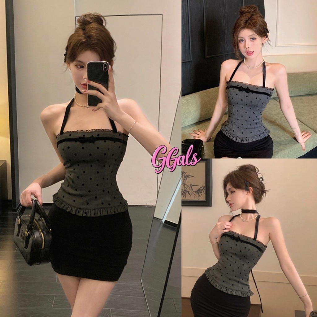 🌵GGals🌵เสื้อกล้าม ดีเทลเว้าหลัวเรียบหรู ลายจุด คล้องคอ สไตล์เกาหลี เสื้อสายเดี่ยว ใส่สบาย เซ็กซี่