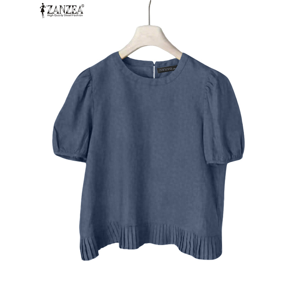 ZANZEA เสื้อลายยีนส์สำหรับผู้หญิง สไตล์เกาหลี ลูกเรือ คอพัฟ กระโปรงปักซิกแซ็ก