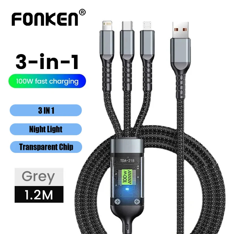 Fonken 3 In 1 100W โปร่งใส Fast สายชาร์จ USB ประเภท C/Micro/iOS สําหรับ iPh Samsung Huawei Pilot Lam