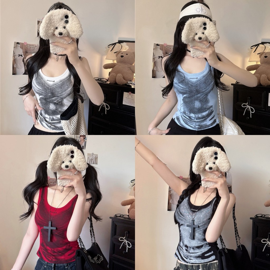 ⭐Soroh⭐เสื้อกล้าม เสริมฟองน้ำ สีชัดสด ดีเทลลายเก๋ รัดรูป🌠เสื้อแขนกุด สไตล์สตรีท แฟชั่น y2k🌙#FY6996