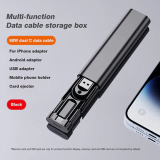 6 In 1 กล่องเก็บสายเคเบิลข้อมูลมัลติฟังก์ชั่น 60W กล่องเก็บสายเคเบิลข้อมูล Type-C คู่อินเทอร์เฟซ Lightning Android รองรับการใช้งาน