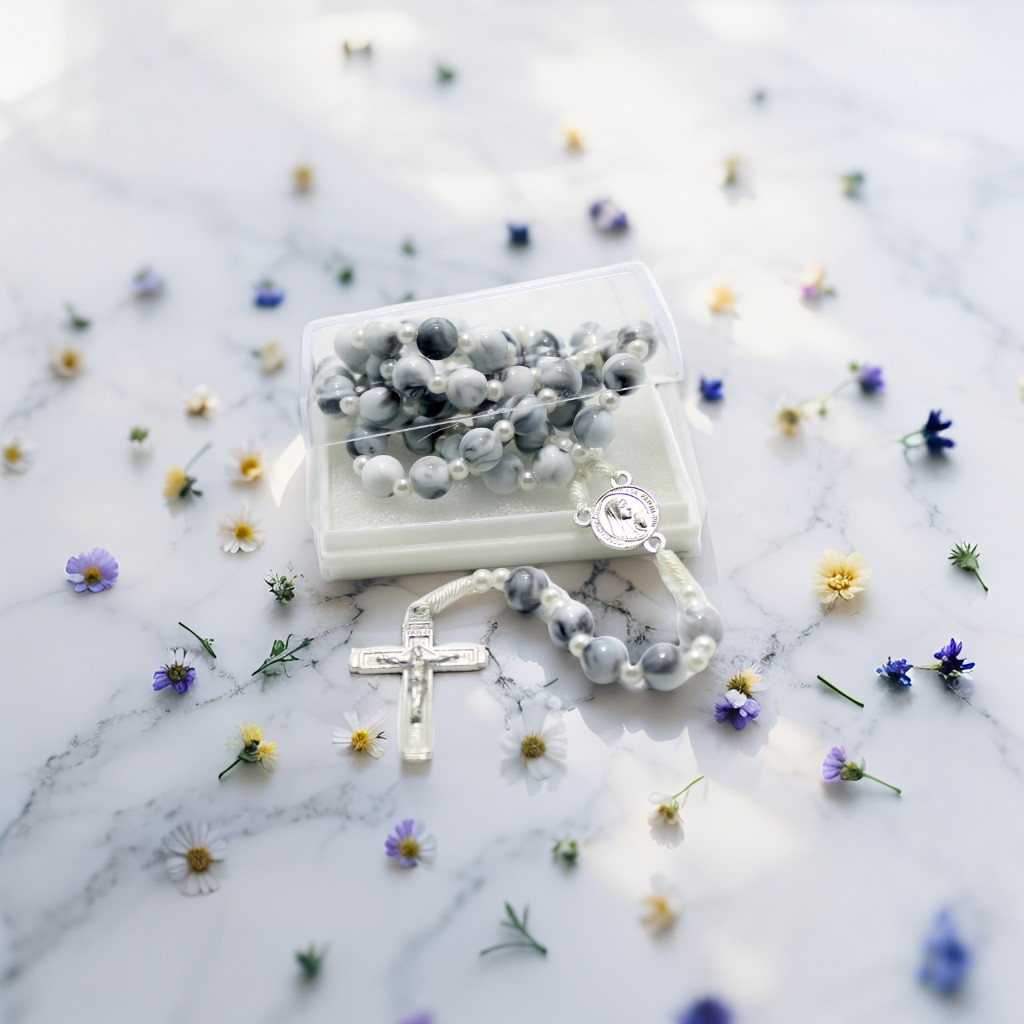 NATURAL STONE ROSARY NECKLACE / WHITE BLOROK STONE ROSARY NECKLACE / ROSARY CROSS / CATHOLIC ROSARY 