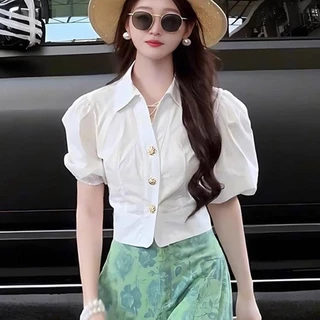 Chili Koko เสื้อสีเหลือง เสื้อเชิ้ตแขนพองคอวีสไตล์ฝรั่งเศส ทรงสั้น สวยงาม สำหรับผู้หญิงในช่วงฤดูร้อน W626