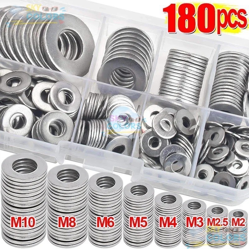แหวนซีลป้องกันสนิม-ปะเก็นสกรูแบนแข็ง-180 ชิ้น/กล่องเครื่องซักผ้าสแตนเลส-Bolt Repairing Fastener Sky