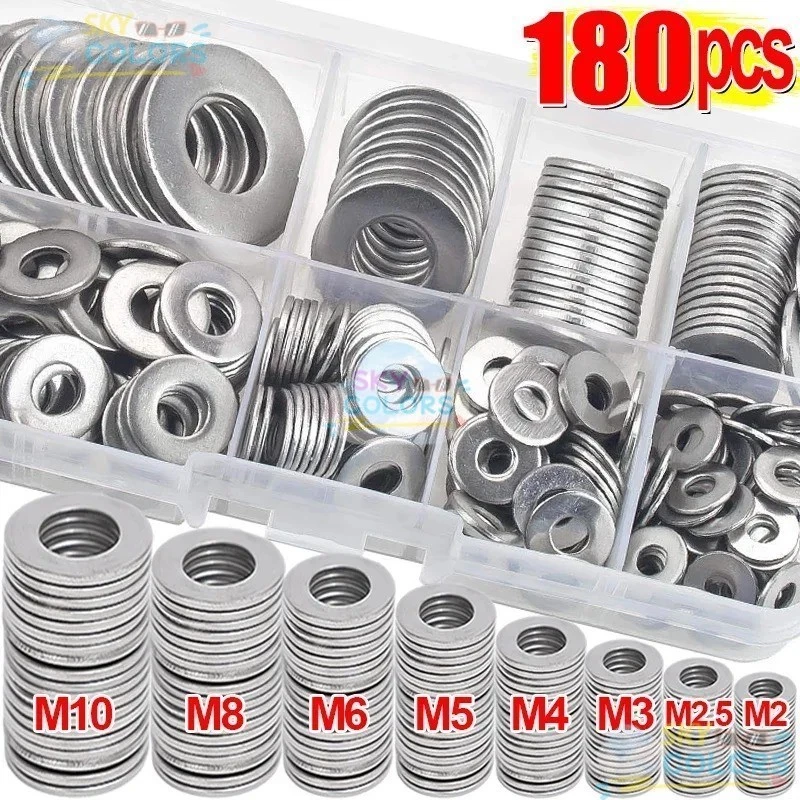 แหวนซีลป้องกันสนิม-ปะเก็นสกรูแบนแข็ง-180 ชิ้น/กล่องเครื่องซักผ้าสแตนเลส-Bolt Repairing Fastener Sky