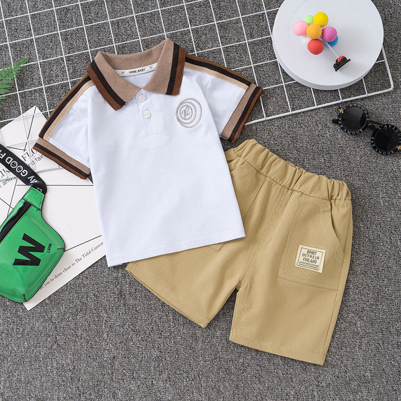 ชุดเด็กผู้ชาย 6เดือน-5ปี เสื้อโปโลคอลเลจ กางเกงสีเบจ ผ้าคอตตอน ใส่สบาย