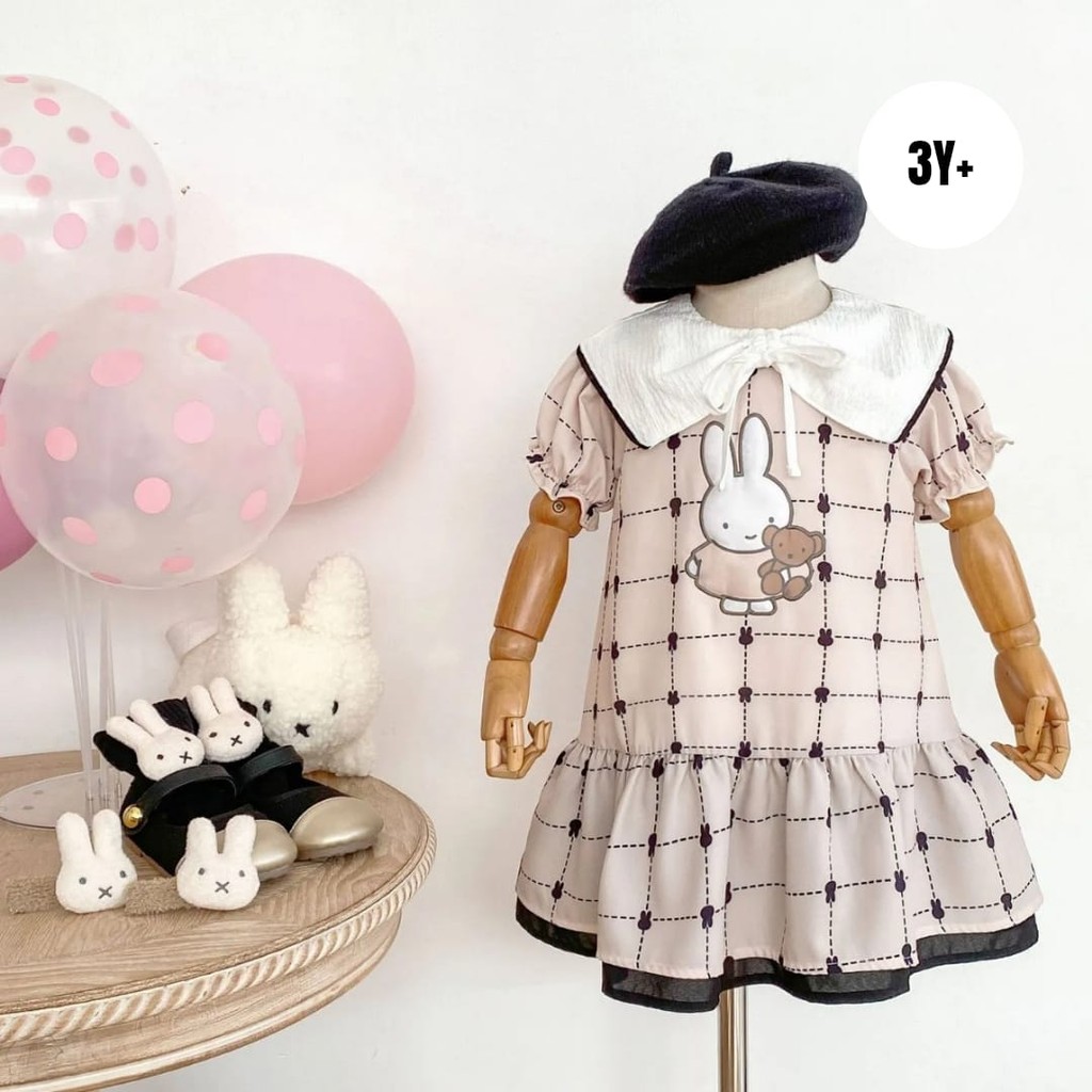 ( DRE1071 ) ชุดเดรสคอปกเด็กผู้หญิงแขนสั้น - คอตตอนโพลีเอสเตอร์ - bunny miffy - งาช้างสีดํา (NOTUD IN