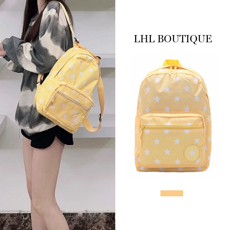 LHL BOUTIQUE กระเป๋าเป้ผ้าใบกีฬาแมทช์ง่ายสำหรับนักเรียนสีเหลืองดาวเล็กๆเดินทางสบายๆทุกวันน่ารัก
