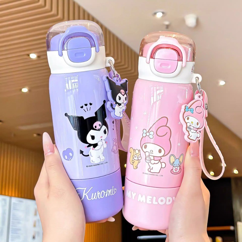 SANRIO ขวดน้ําฟางฉนวนสําหรับเด็ก ซานริโอ คุโรมิ - 316 สแตนเลสเกรดอาหารกระติกน้ําน่ารักสําหรับสาวโรงเรียนประถม