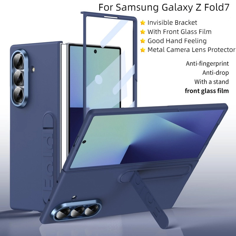 SAMSUNG สําหรับSamsung Galaxy Z Fold3 Fold4 Fold5 Fold6 Fold7 กรณีหรูหราผิวรู้สึกFrosted PC Hardที่มองไม่เห็นBracketพลิกฝาครอบโทรศัพท์ปลอกสําหรับSamsung Galaxy Z Fold7 6 5 4 3 กระจกด้านหน้า