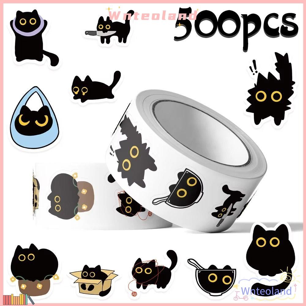 WNTEOLAND 500 ชิ้น/ม้วนสติกเกอร์แมวดํา,สติกเกอร์แมวการ์ตูนกันน้ํา,สร้างสรรค์น่ารัก DIY Self-กาวเด็กตกแต่งสติกเกอร์เครื่องเขียน