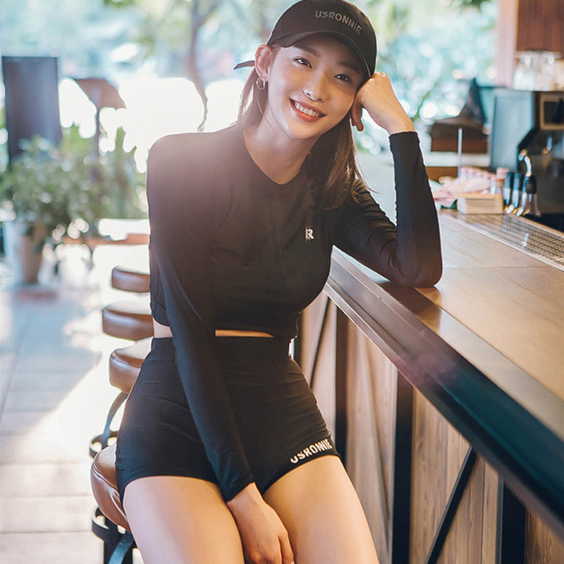 Gwenny M-XL ชุดว่ายน้ําชายหาดเกาหลีสีดําแฟชั่นเอวสูง travel surf ว่ายน้ําผู้หญิง 2 ชิ้นบิกินี่