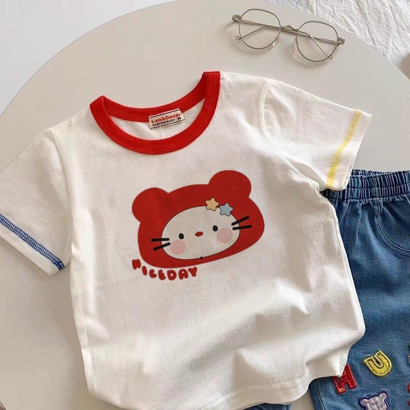 เสื้อยืดลายแมวน่ารัก สำหรับเด็ก ทำจากผ้าฝ้ายแท้ สวมใส่ง่ายในฤดูร้อน