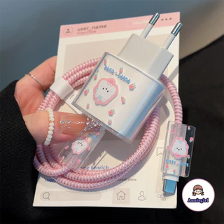 EURO น่ารักลูกสุนัขดอกไม้โปร่งใส Charger Protector สําหรับ Iphone 20W สีชมพูป้องกันการ Breakage Data Line Winder สวมใส่สาย Winder Protector สําหรับ USB/Type-C