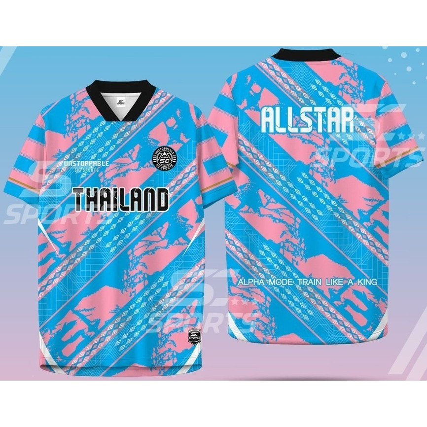 Suncolor mall เสื้อกีฬา พิมพ์ลายทั้งตัว  คอวีตัด ใส่ วิ่ง เที่ยว หรือทำงานก็เท่ รุ่น AT-03 ฟ้า-ชมพู