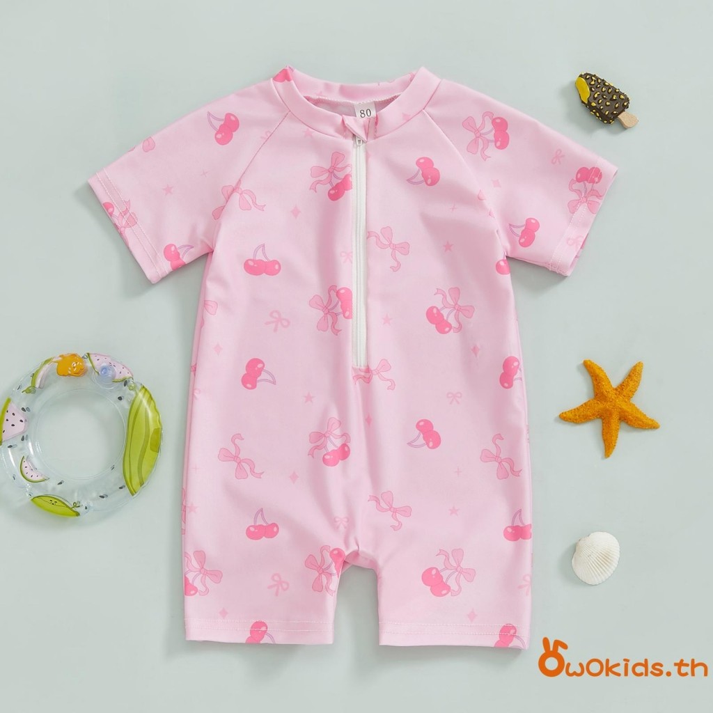 【ส่งจากไทย】​Toddler Girl Rash Guard มีซิปรองรับการเคลื่อนไหว ลายพิมพ์เชอร์รี่และโบว์
