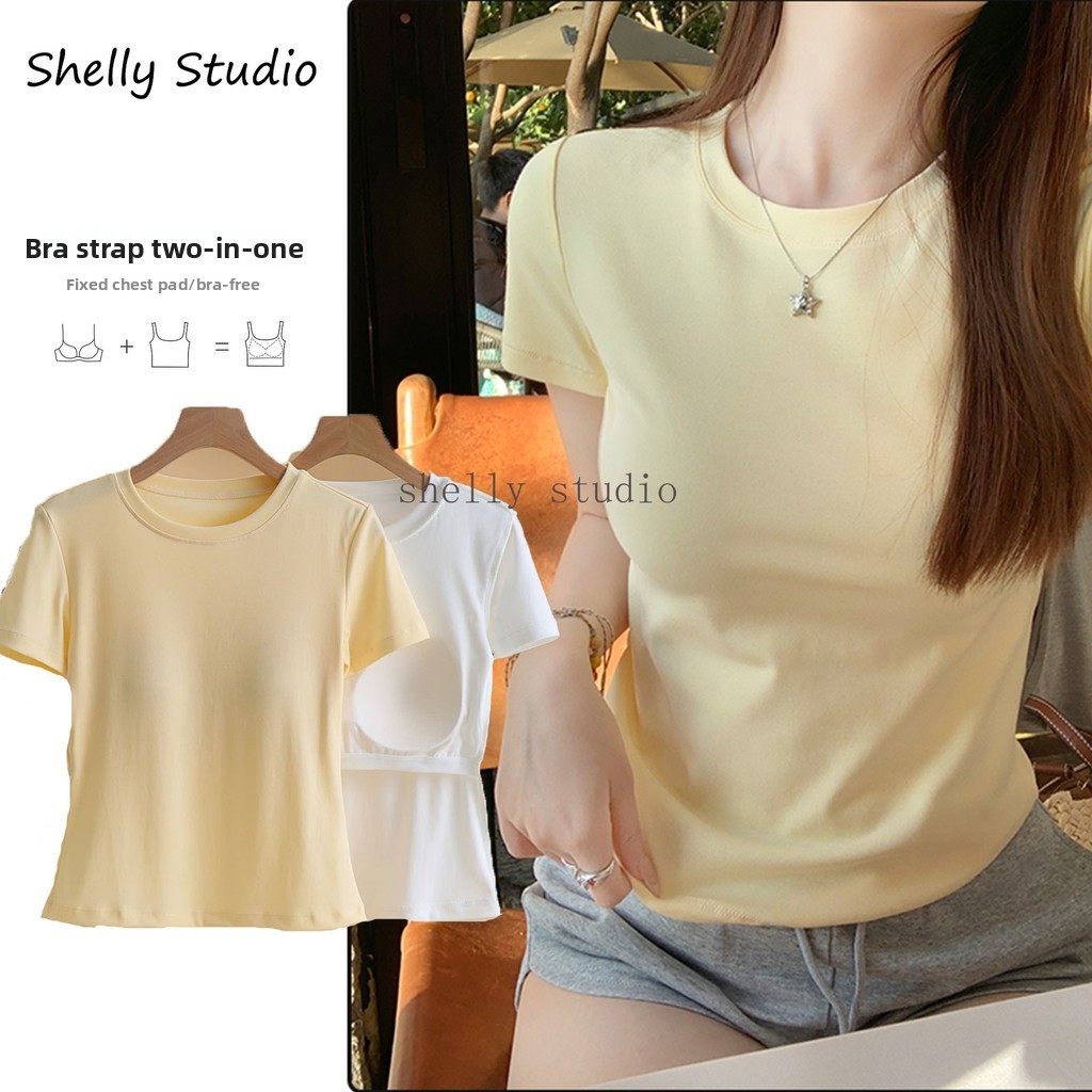 เสื้อยืดแขนสั้นสีเหลืองสำหรับฤดูร้อน คอกลมเปิดไหล่ด้านหน้าแบบใหม่ ทำจากผ้าฝ้ายแท้และมีทรงกระชับ