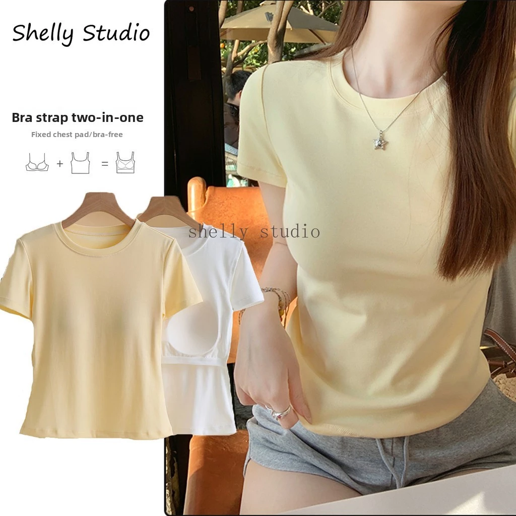 เสื้อยืดแขนสั้นสีเหลืองสำหรับฤดูร้อน คอกลมเปิดไหล่ด้านหน้าแบบใหม่ ทำจากผ้าฝ้ายแท้และมีทรงกระชับ