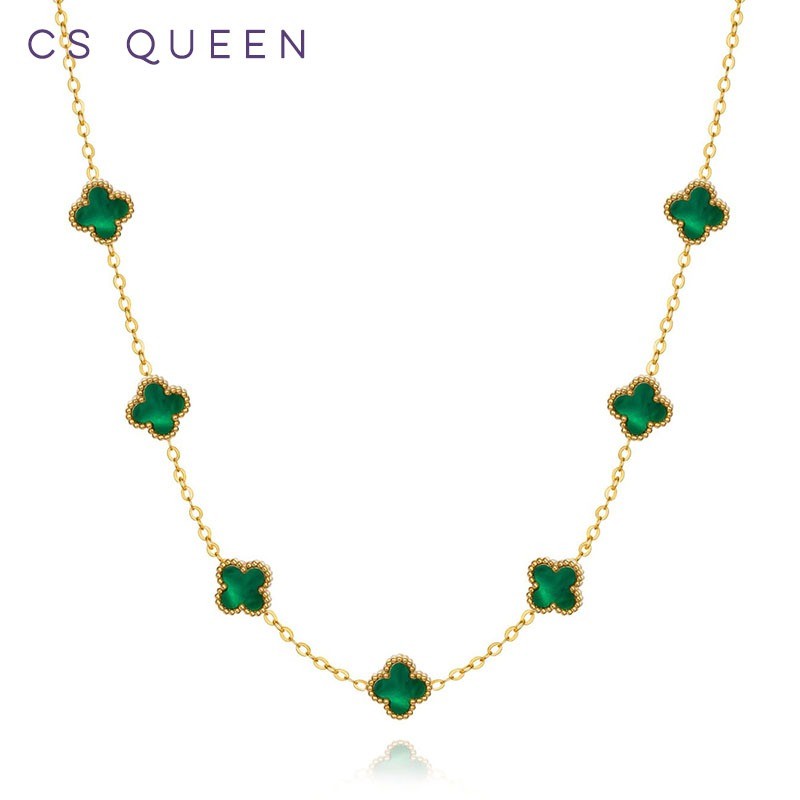 CS QUEEN-Lucky Seven Flower Clover สร้อยคอ - จี้ 8 มม. โซ่กระดูกไหปลาร้าหรูหรา - สแตนเลสชุบทอง 18K -