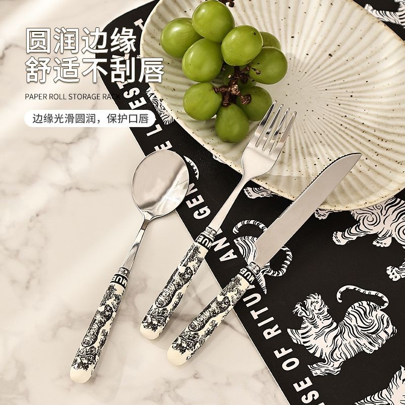 Zun Mousse เซรามิค Retro ช้อนส้อมบนโต๊ะอาหารในครัวเรือน Western อาหารสเต็ก High-value สแตนเลสช้อนส้อ