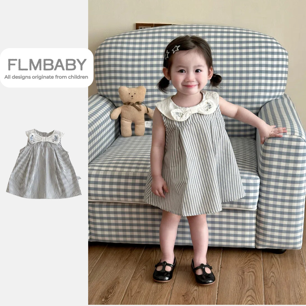 ชุดเดรสลายทางสีฟ้าสำหรับเด็กผู้หญิงอายุ 0-3 ปี