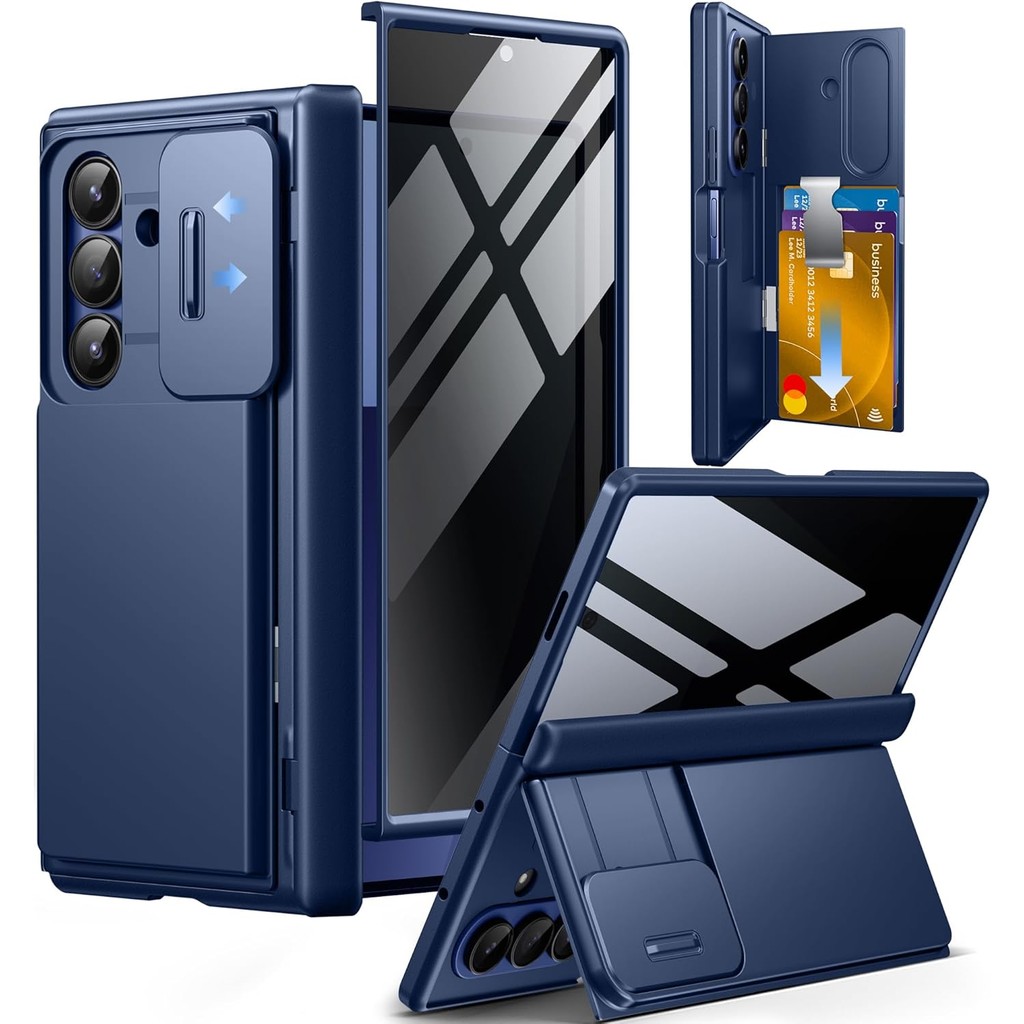 TONGATE Wallet สำหรับเคส Z Fold 7 พร้อมฟิล์มกันรอยหน้าจอความเป็นส่วนตัว [ช่องใส่การ์ด 4 ใบ] [ป้องกันการสอดแนม] ขาตั้งขนาดใหญ่ในตัวและฝาสไลด์สำหรับกล้อง Z7 เคสโทรศัพท์กันกระแทกสีน้ำเงิน