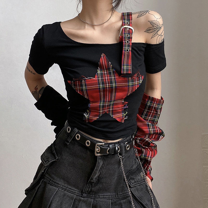 T T-shirt Hot Girl with Oversleeve Short Patchwork Top Five-Pointed Star off-the-Shoulder Chic Plaid Retro Style Asian Culture Sweet Women